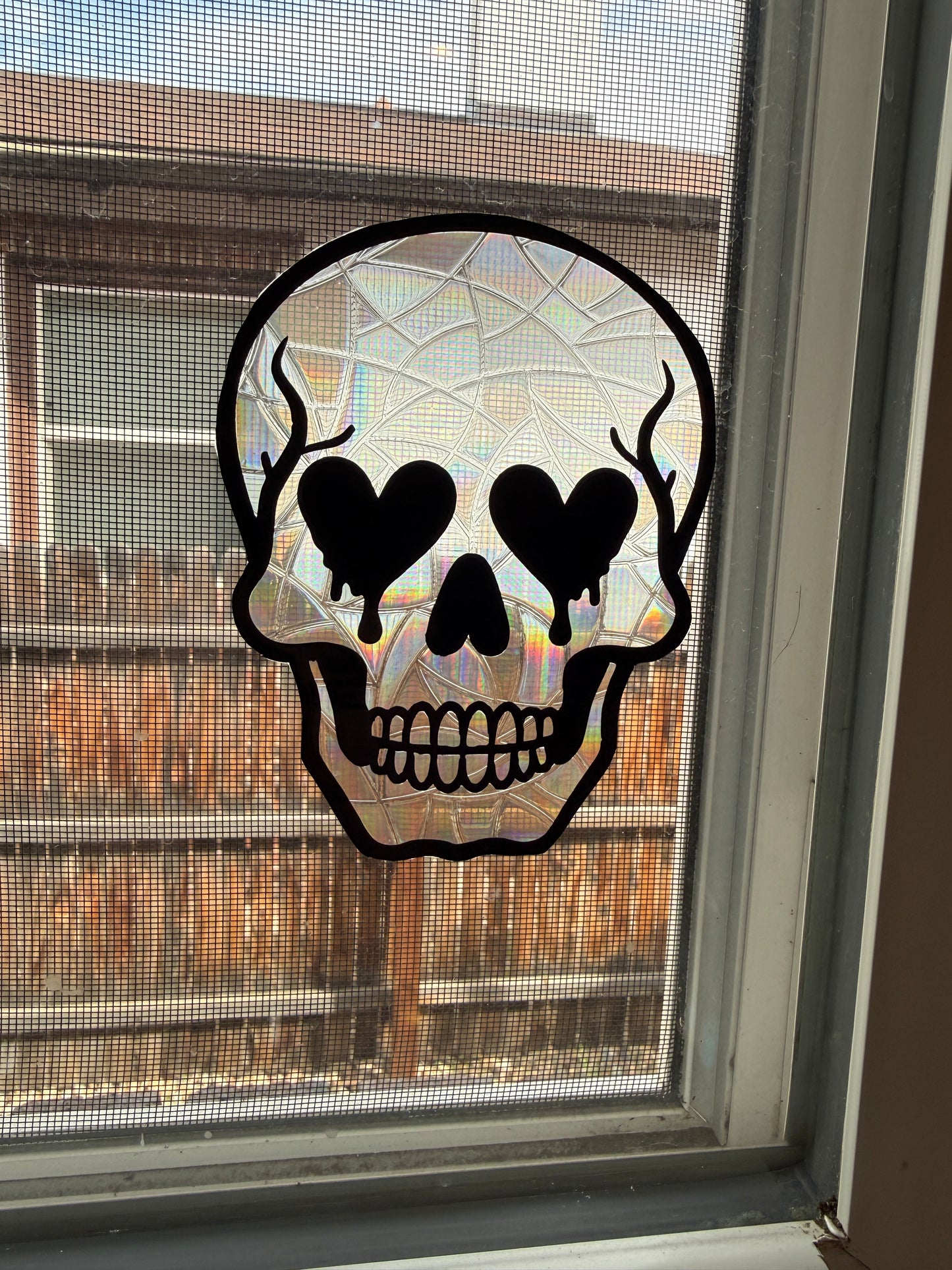 Heart-Eyed Skull Sun Catcher Cling | Rainbow Sun Catcher | Window Decor