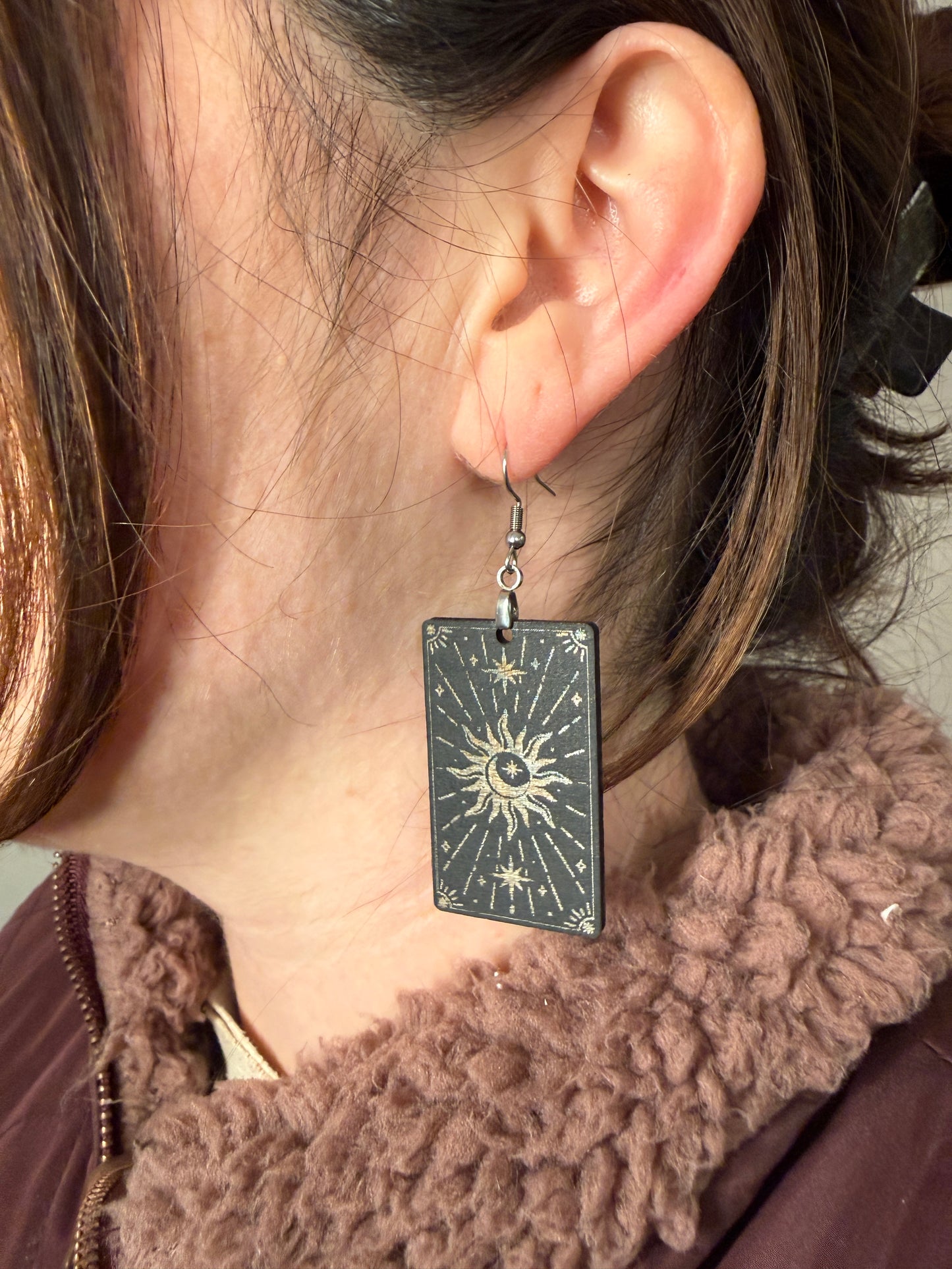 Sun & Moon Tarot Card Earrings – Laser Engraved Wooden Dangles