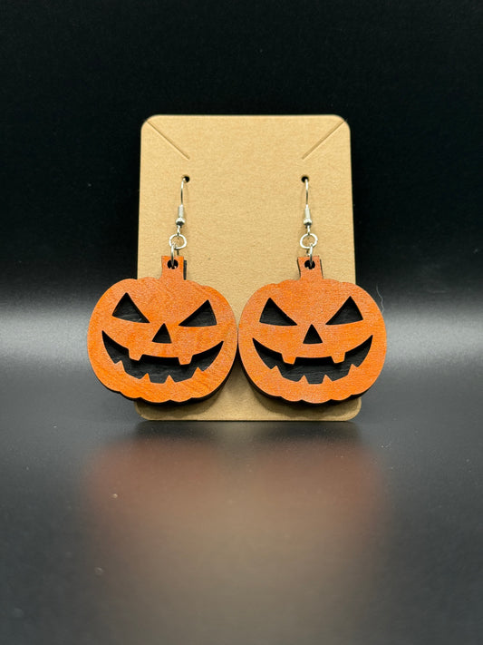 Jack-O-Lantern Wood Earrings - Halloween Pumpkin Face Dangles