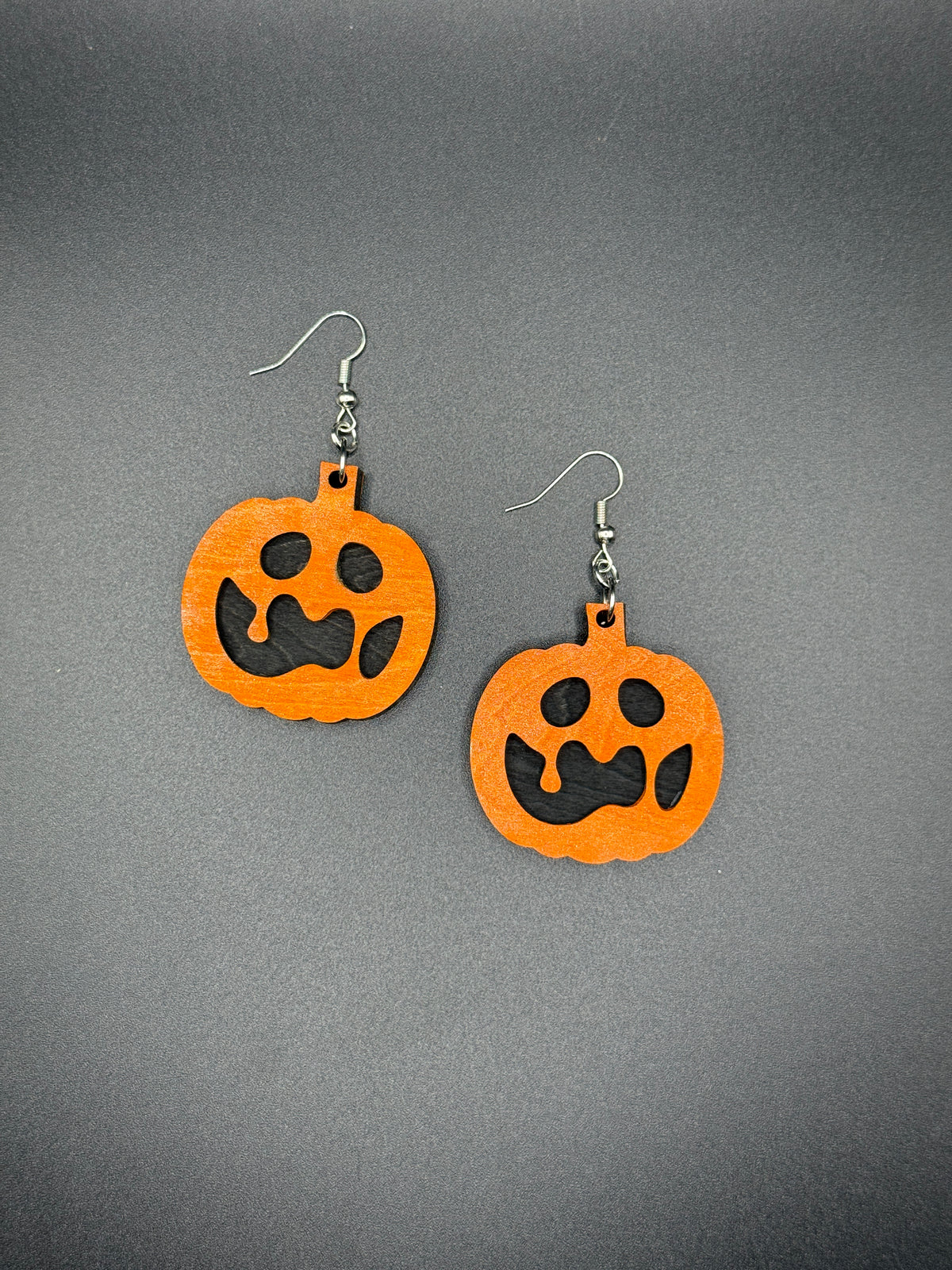 Jack-O-Lantern Wood Earrings - Halloween Pumpkin Face Dangles