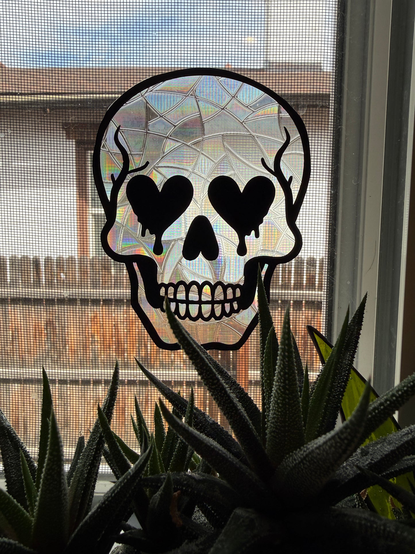 Heart-Eyed Skull Sun Catcher Cling | Rainbow Sun Catcher | Window Decor