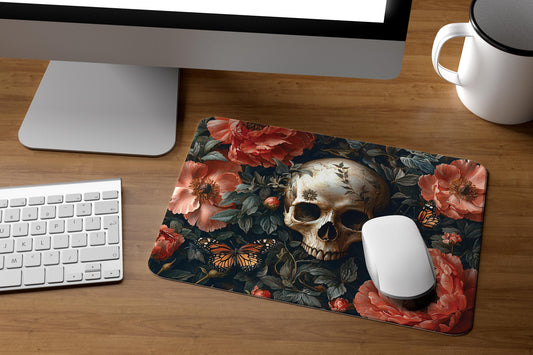 Goth Skull Floral Mouse Pad – Dark Academia Office Decor, Custom Gothic Mousepad
