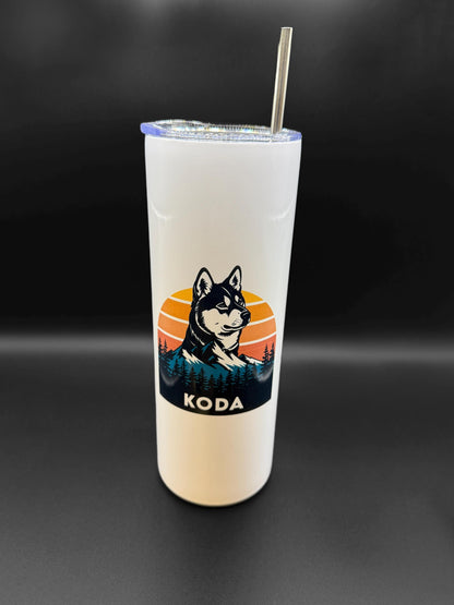 Tumbler with a dog illustration and 'Koda' text on a dark background