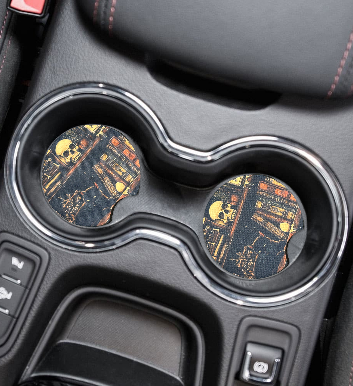 Whimsical Gothic Car Coasters | Handmade Alternative Car Accessories | Cup Holder Coaster Set