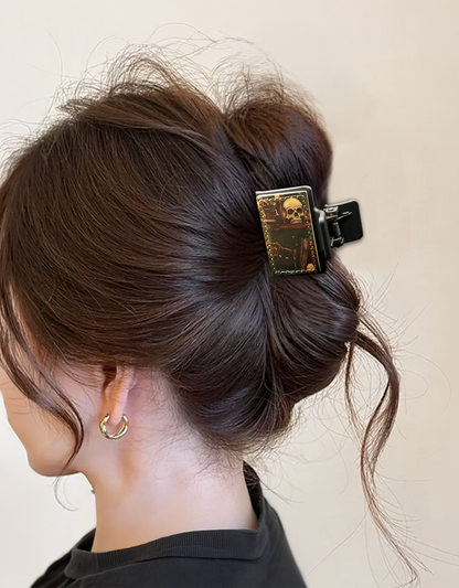 Cat Skull Bookshelf Acrylic Claw Clip - Dark Academia Hair Clip