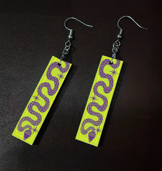 Neon Snake Earrings | Electric Serpent Dangle | Spooky Goth Jewelry | Lime Green Purple Snake | Witchy Statement