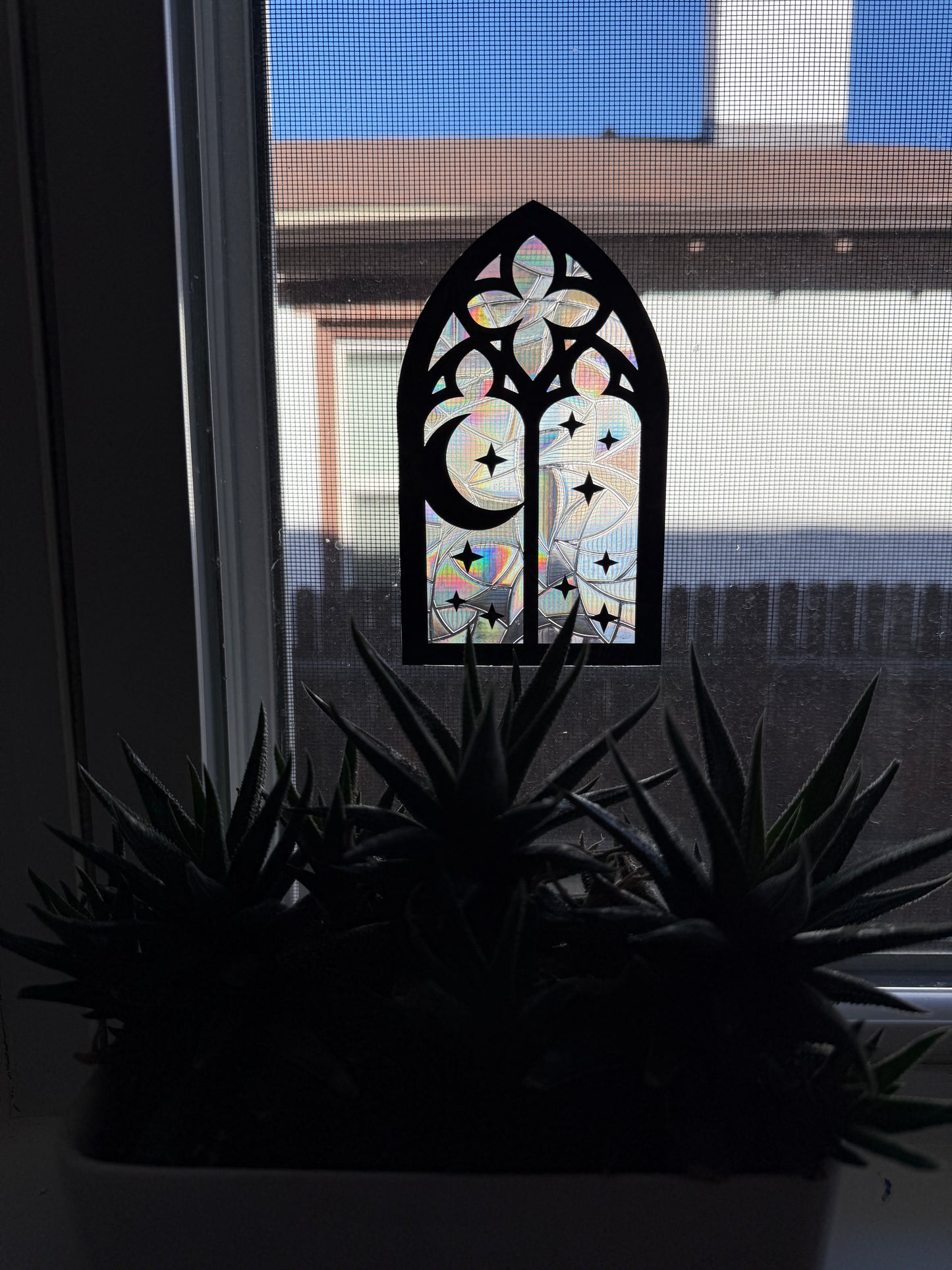 Gothic Moon Cathedral Window Cling | Rainbow Sun Catcher | Witchy Window Decor