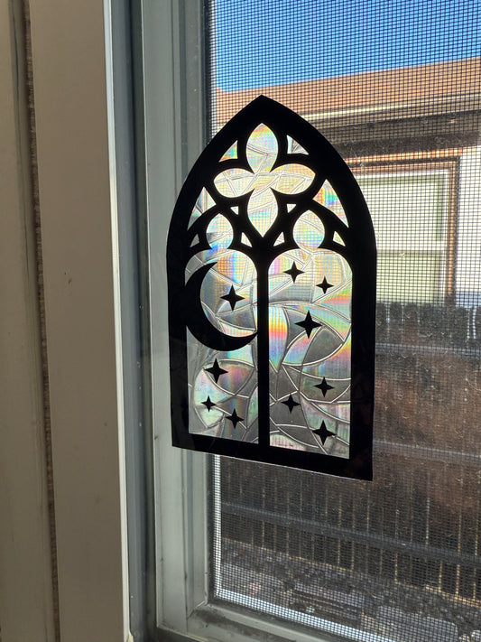 Gothic Moon Cathedral Window Cling | Rainbow Sun Catcher | Witchy Window Decor