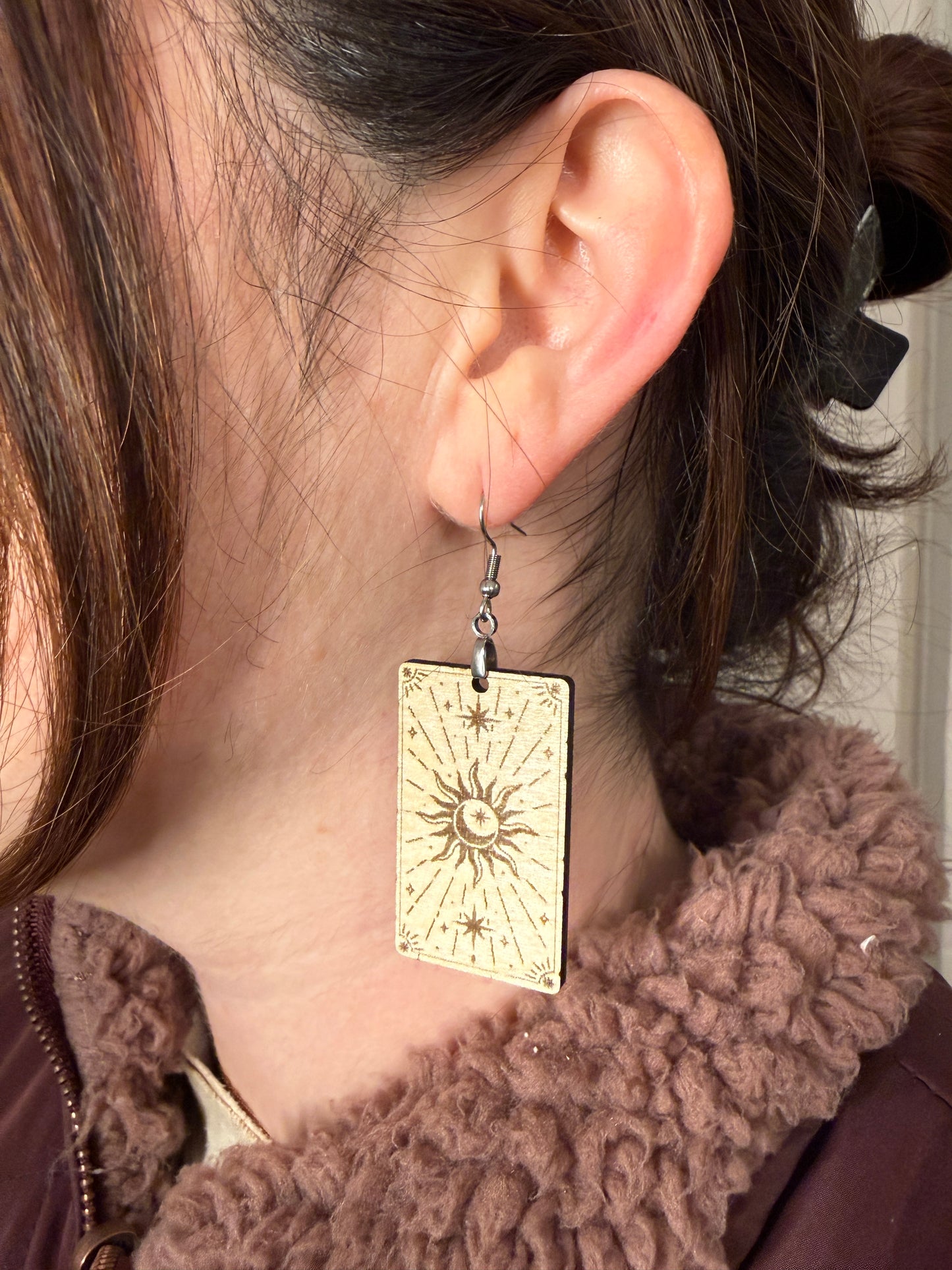 Sun & Moon Tarot Card Earrings – Laser Engraved Wooden Dangles