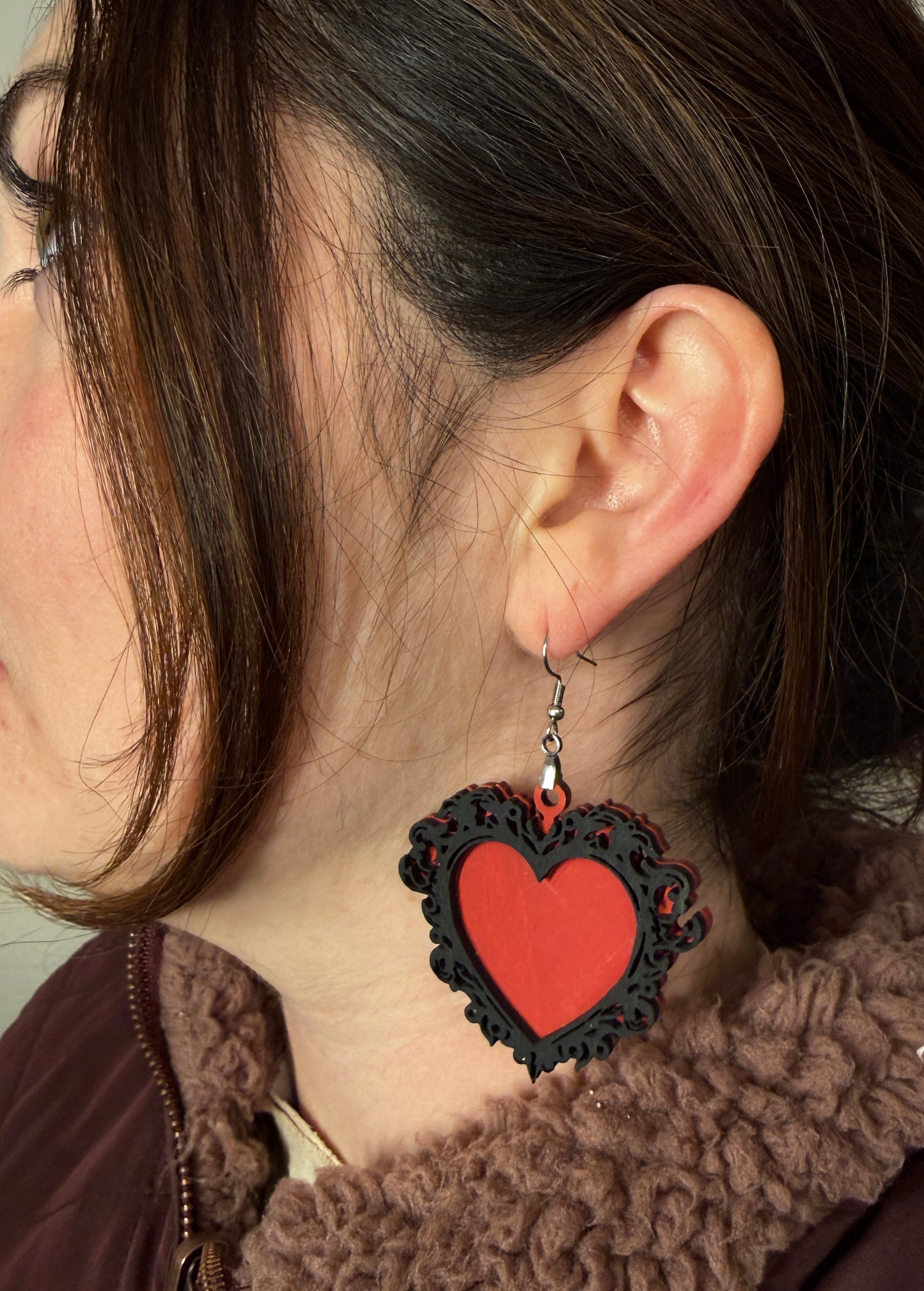 Gothic Heart Earrings – Red & Black Laser Cut Wooden Dangles