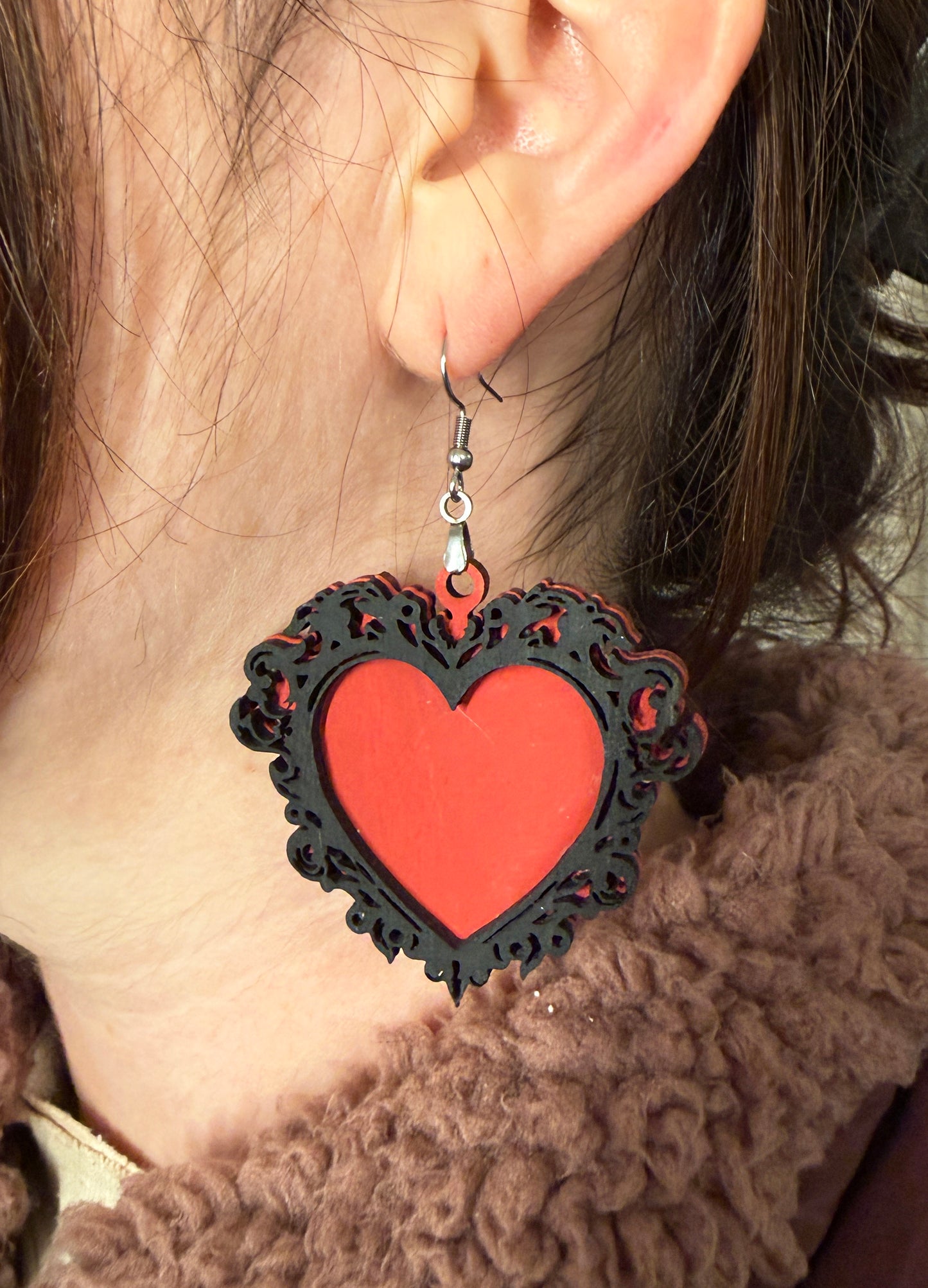 Gothic Heart Earrings – Red & Black Laser Cut Wooden Dangles