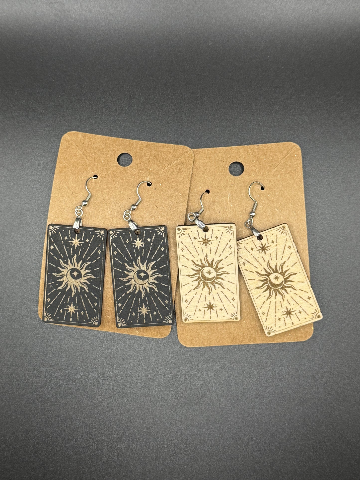 Sun & Moon Tarot Card Earrings – Laser Engraved Wooden Dangles