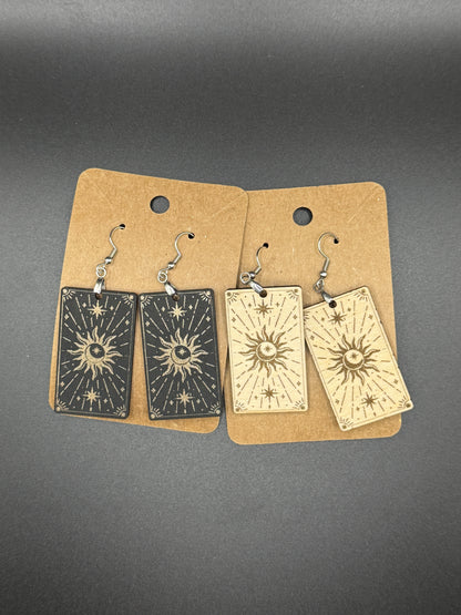 Sun & Moon Tarot Card Earrings – Laser Engraved Wooden Dangles