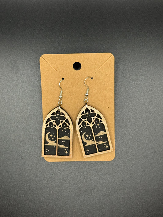 Gothic Window Moon Earrings – Laser Cut Wooden Celestial Dangles