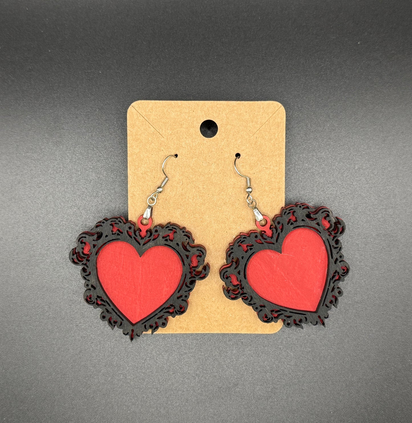 Gothic Heart Earrings – Red & Black Laser Cut Wooden Dangles
