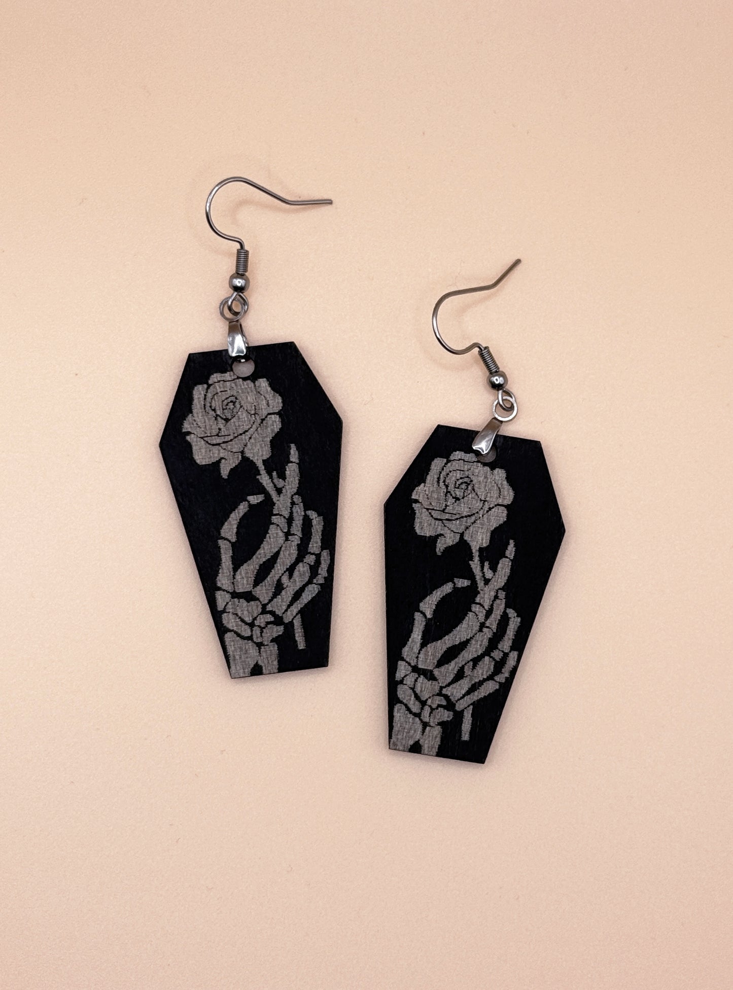 Skeleton Hand Rose Coffin Earrings