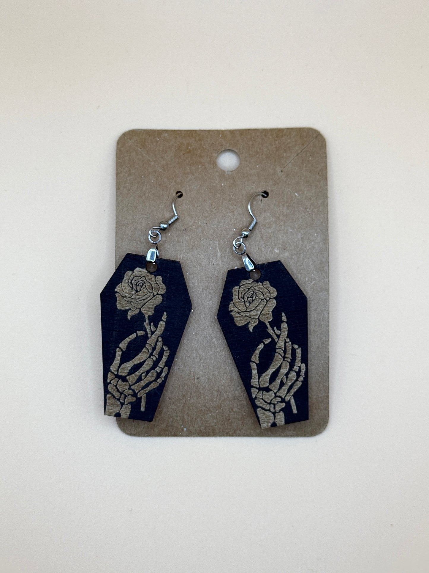 Skeleton Hand Rose Coffin Earrings