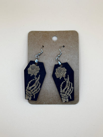 Skeleton Hand Rose Coffin Earrings