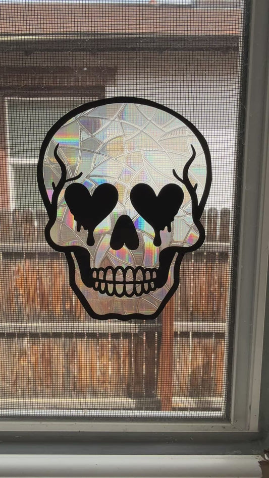 Heart-Eyed Skull Sun Catcher Cling | Rainbow Sun Catcher | Window Decor