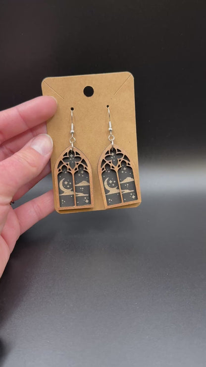 Gothic Window Moon Earrings – Laser Cut Wooden Celestial Dangles