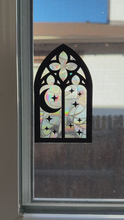 Gothic Moon Cathedral Window Cling | Rainbow Sun Catcher | Witchy Window Decor